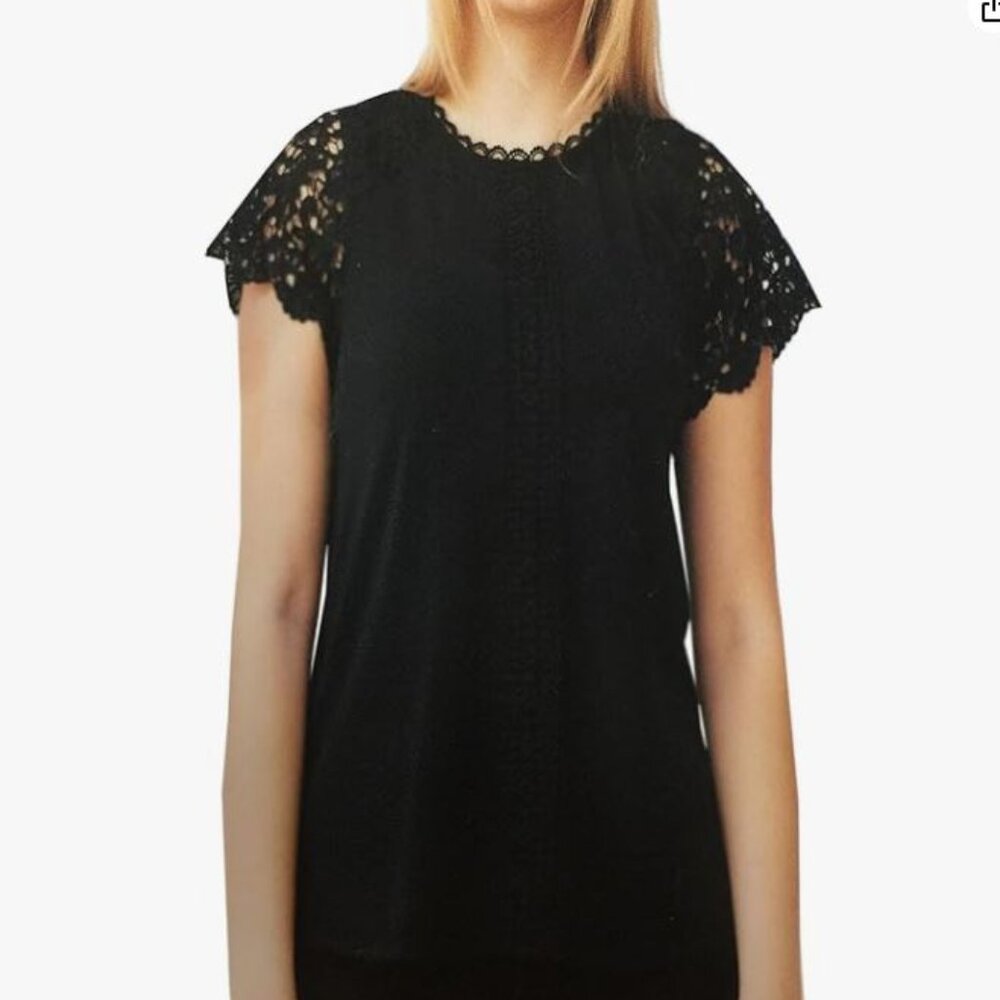 Cable & Gauge Women's Short Sleeve Lacy Keyhole Top - Jet Black- Medium